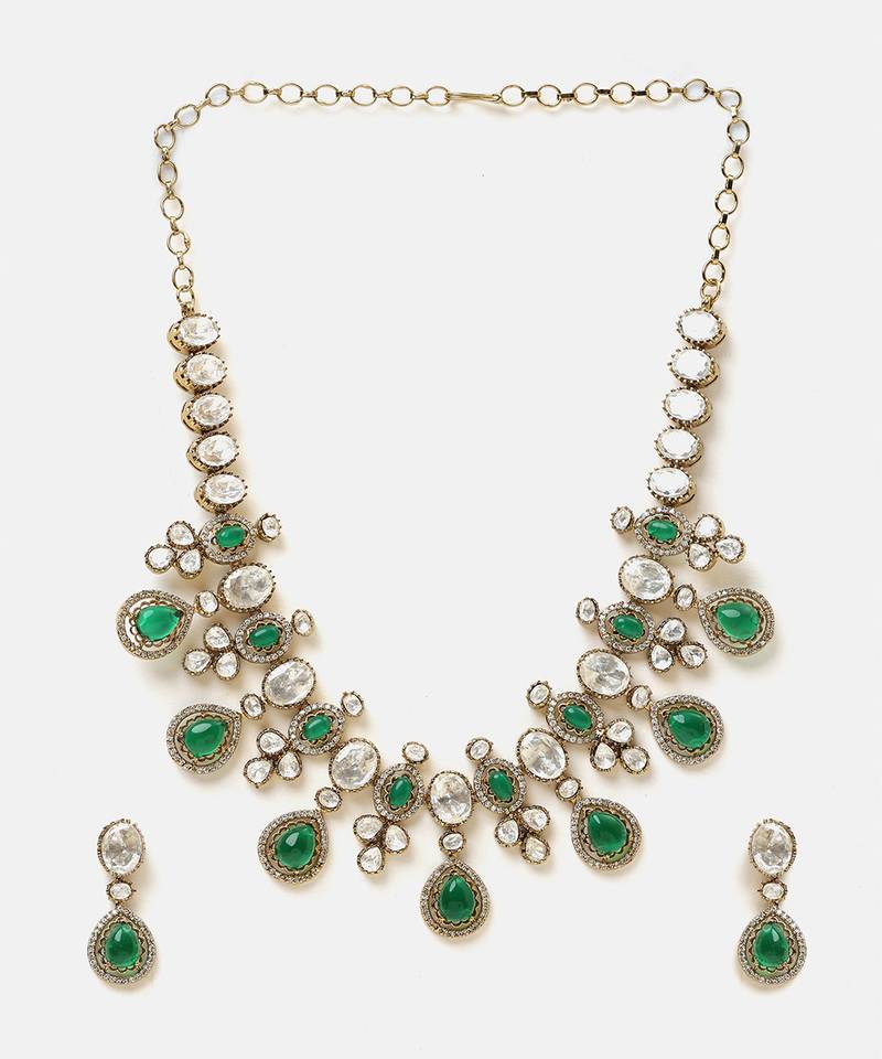 Gold plated kundan green stones necklace set