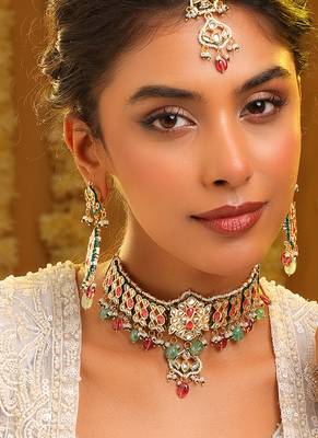 Gold plated kundan multicolor stones choker necklace set 1