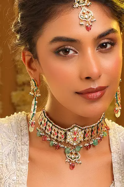 Gold plated kundan multicolor stones choker necklace set