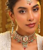 Gold plated kundan multicolor stones choker necklace set