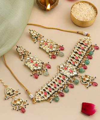 Gold plated kundan multicolor stones choker necklace set 2