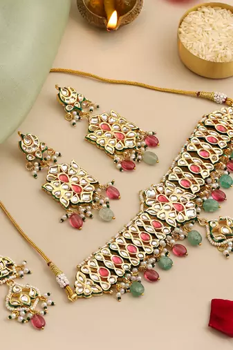 Gold plated kundan multicolor stones choker necklace set