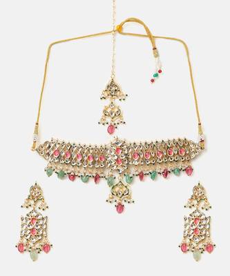 Gold plated kundan multicolor stones choker necklace set 3