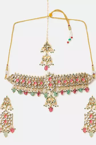 Gold plated kundan multicolor stones choker necklace set
