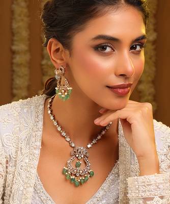 Gold plated kundan green stones necklace set 1