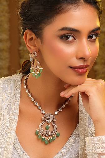 Gold plated kundan green stones necklace set
