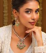 Gold plated kundan green stones necklace set