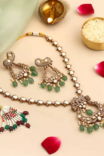 Gold plated kundan green stones necklace set