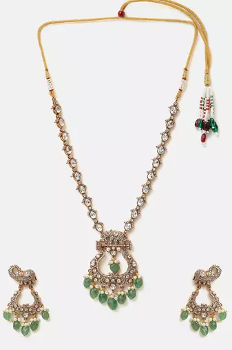 Gold plated kundan green stones necklace set