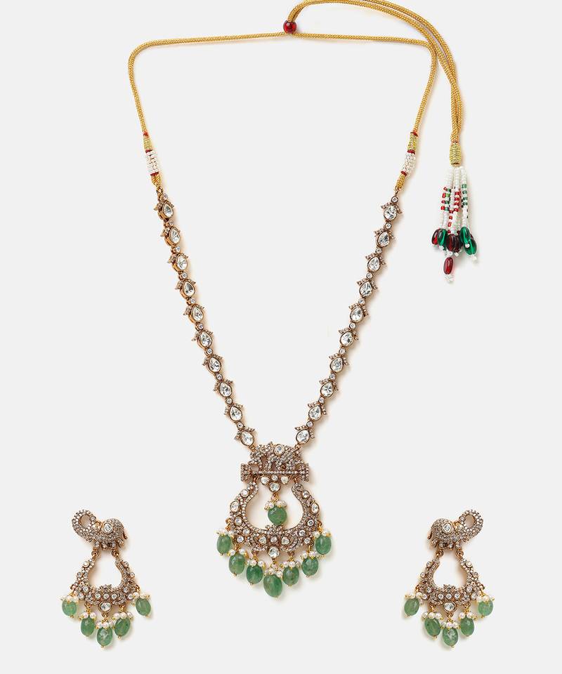 Gold plated kundan green stones necklace set