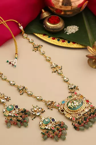 Gold plated kundan multicolor stones necklace set