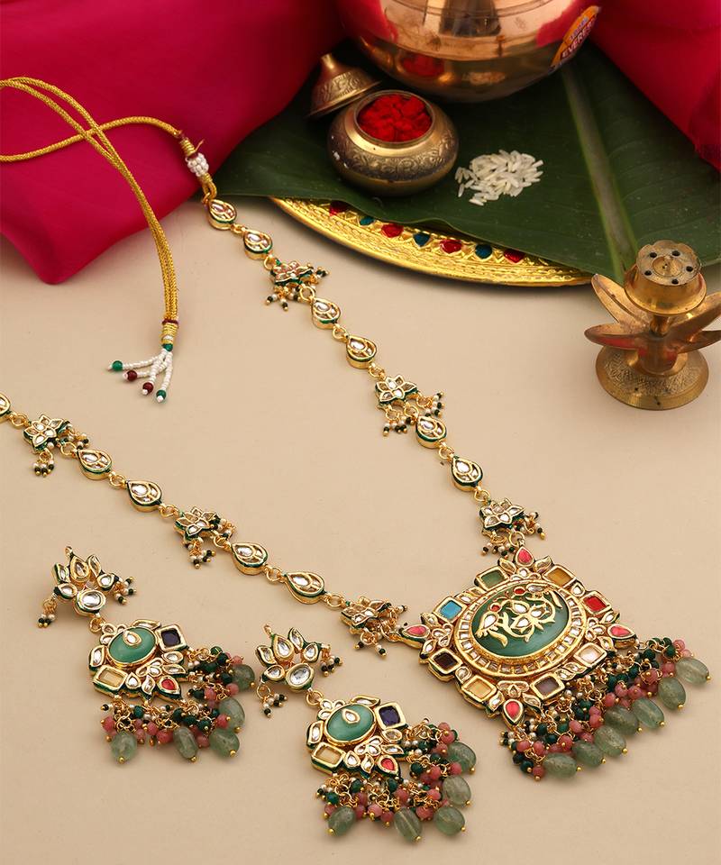Gold plated kundan multicolor stones necklace set