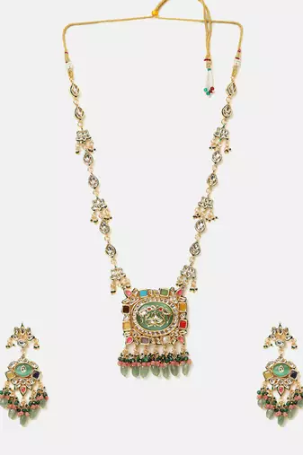 Gold plated kundan multicolor stones necklace set