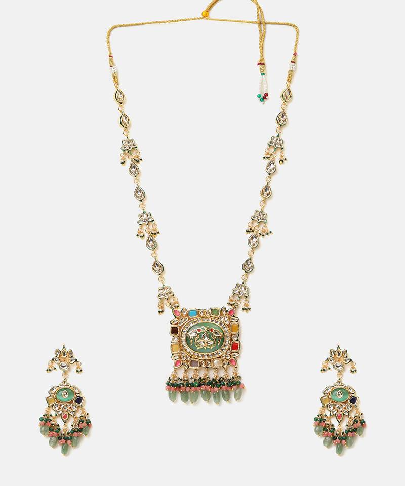Gold plated kundan multicolor stones necklace set