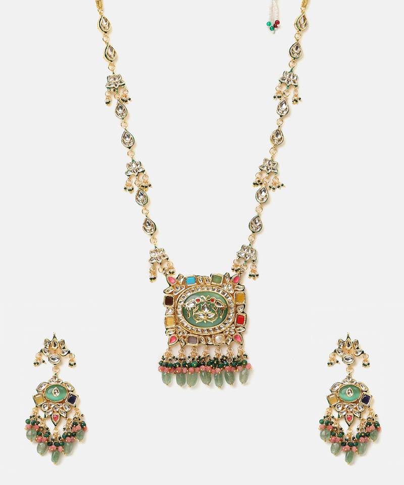 Gold plated kundan multicolor stones necklace set