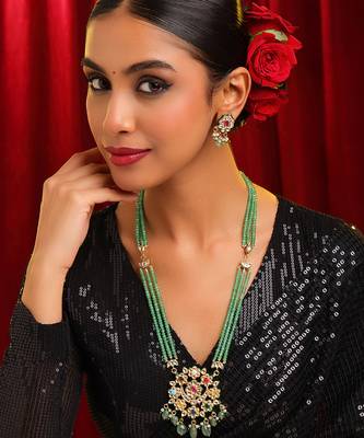 Gold plated kundan green stones necklace set 1