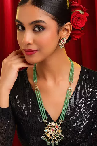 Gold plated kundan green stones necklace set