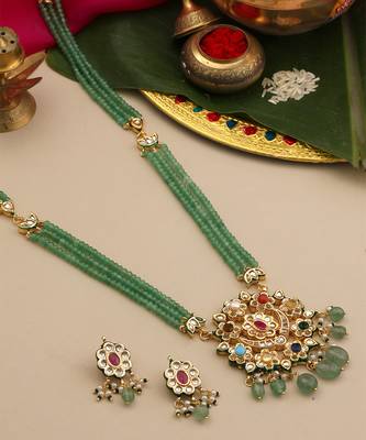 Gold plated kundan green stones necklace set 2