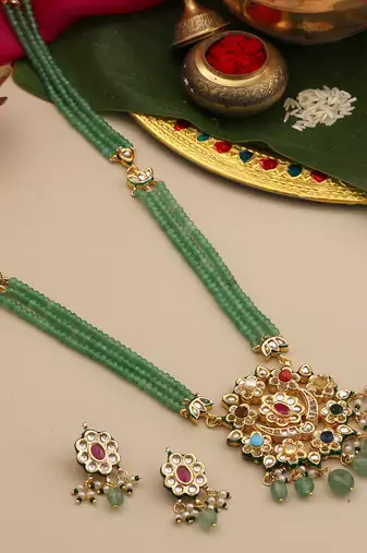 Gold plated kundan green stones necklace set
