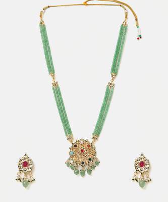 Gold plated kundan green stones necklace set 3