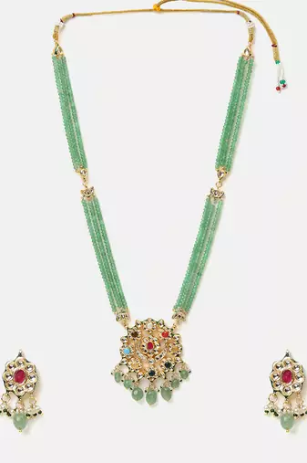 Gold plated kundan green stones necklace set