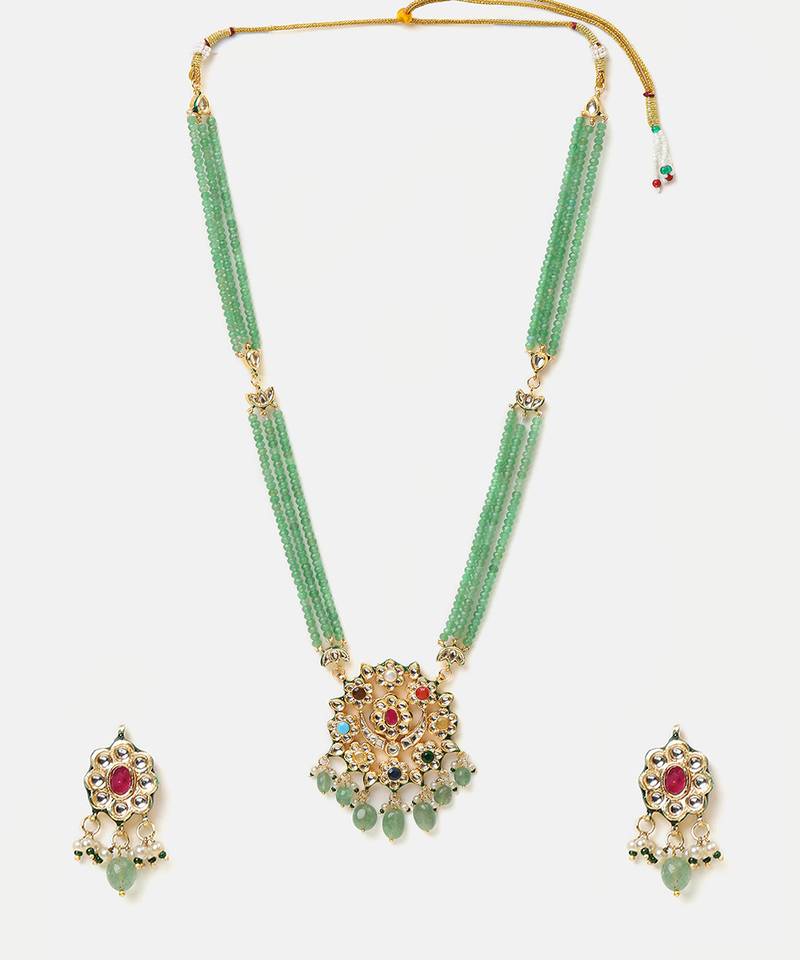 Gold plated kundan green stones necklace set