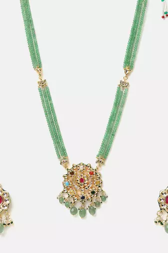 Gold plated kundan green stones necklace set