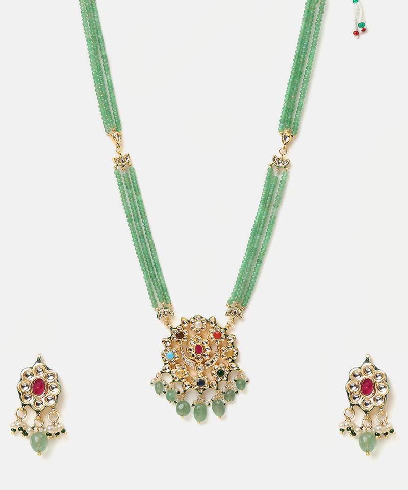 Gold plated kundan green stones necklace set
