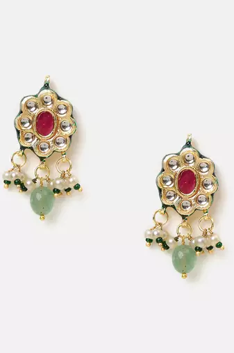 Gold plated kundan green stones necklace set