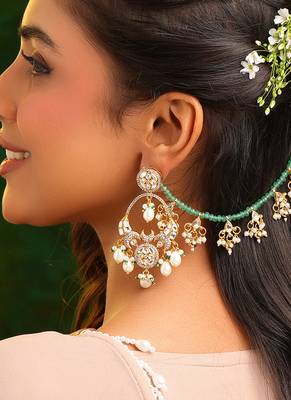 Gold plated kundan green stones chain earrings 1