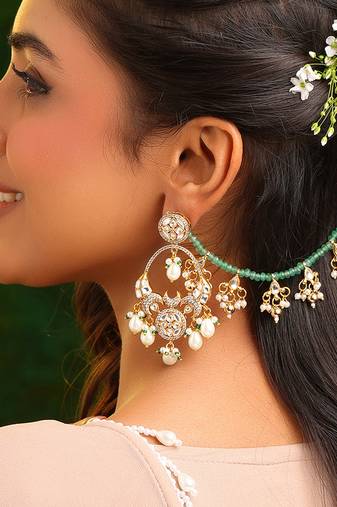Gold plated kundan green stones chain earrings