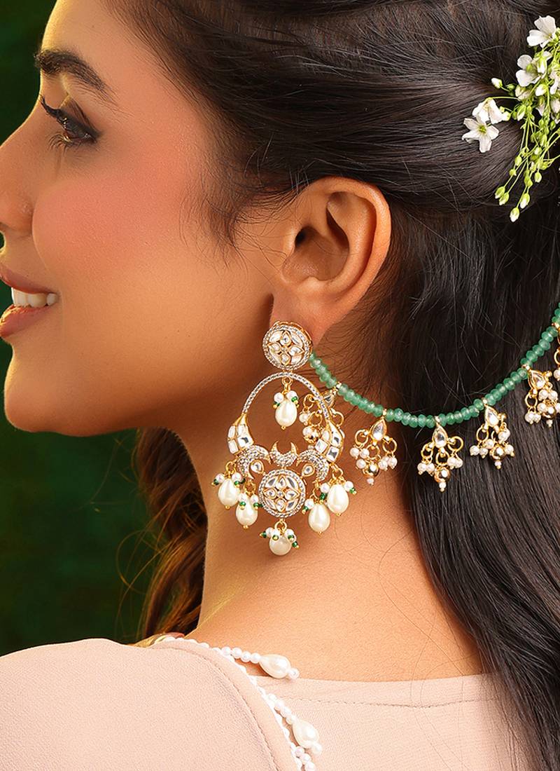 Gold plated kundan green stones chain earrings