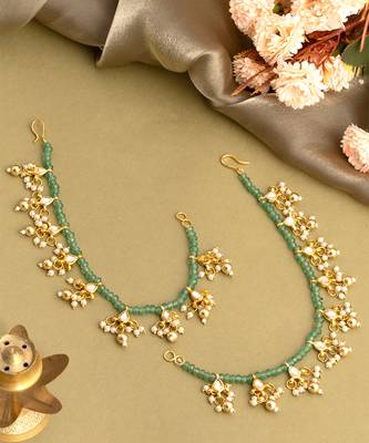 Gold plated kundan green stones chain earrings 2