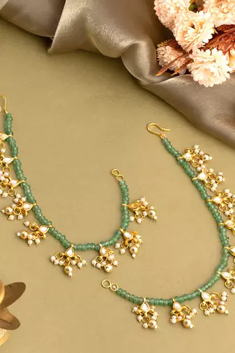 Gold plated kundan green stones chain earrings