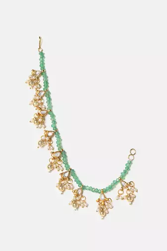 Gold plated kundan green stones chain earrings