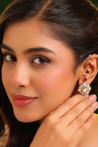 Gold plated kundan red stones chain earrings