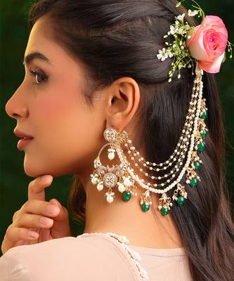 Gold plated kundan green stones chain earrings 1
