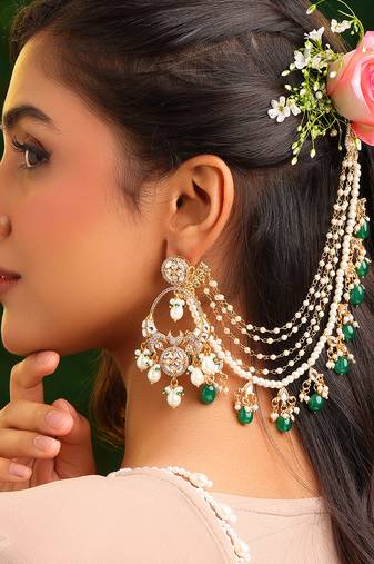 Gold plated kundan green stones chain earrings
