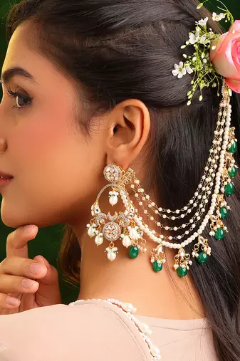 Gold plated kundan green stones chain earrings