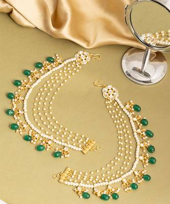 Gold plated kundan green stones chain earrings 2