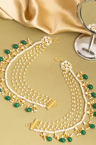 Gold plated kundan green stones chain earrings
