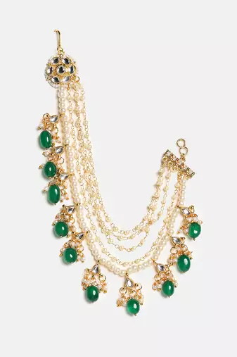 Gold plated kundan green stones chain earrings