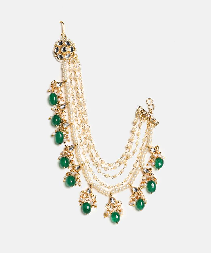 Gold plated kundan green stones chain earrings
