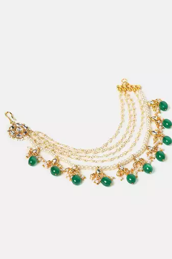Gold plated kundan green stones chain earrings