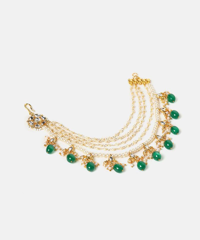 Gold plated kundan green stones chain earrings