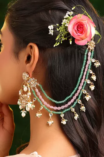 Gold plated kundan multicolor stones chain earrings