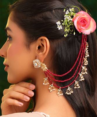 Gold plated kundan red stones chain earrings 1