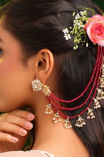 Gold plated kundan red stones chain earrings