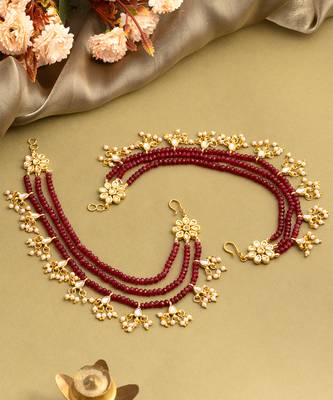Gold plated kundan red stones chain earrings 2