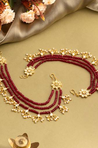 Gold plated kundan red stones chain earrings